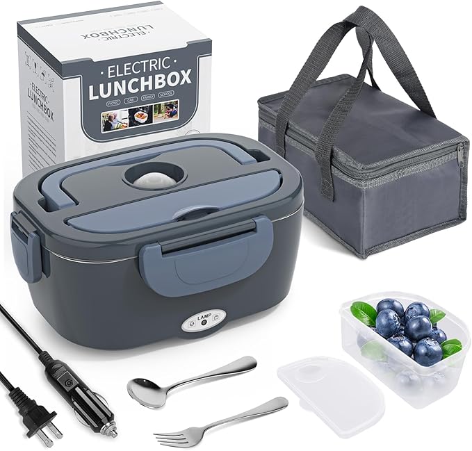 Herrfilk Electric Lunch Box Food Heater, 3 in 1 Ultra Quick Heated Lunch Boxes for Adults, 12V/24V/110V Portable Food Warmer for Car/Truck/Office With Fork Spoon and Insulated Carry Bag