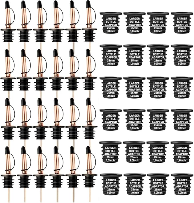 24-Pack Liquor Bottle Pourers with Adapters, Liquor Pour Spout Adapters set for for Large Oil Olive Bottles and Liquor Bottles - Up to 1 Inch/25mm Neck Converts Spout into a Large Pour Spout,Rose Gold