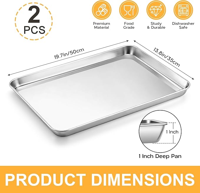 Onader Baking Cookie Sheet Set, 20 x 14 Inch Stainless Steel Large Baking Sheet Pan, 1 Inch Deep Metal Oven Pan Tray for Oven, Easy Clean & Dishwasher Safe, 2-Pack
