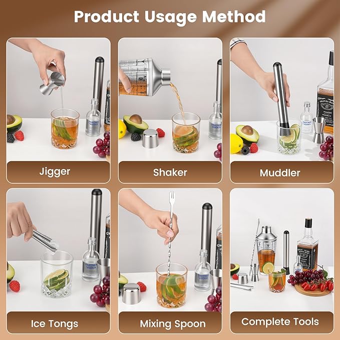 3 Pack Glass Cocktail Shaker Set, 23oz Bartender Kit with Built-in Strainer, Ice Tongs, Measuring Jigger, Muddler & Mixing Spoon, Professional Bar Tools for Home Bartending & Mixology