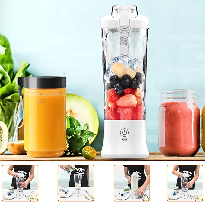 240W Portable Blender, 20oz USB Rechargeable Travel Blender with LED Display, Pulse & Modes, IPX7 Waterproof, BPA-Free,juice, Ice Crushing for Shakes, Smoothies, Sports & Outdoor【White】