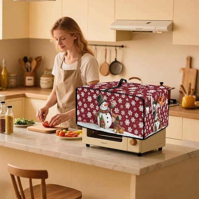Toaster Oven Dust Cover with Storage Pockets, Protective Decorative Smart Oven Cover for for Kitchen Countertop, S, Snowman Dachshund Dog Snowflake Red Christmas Decor