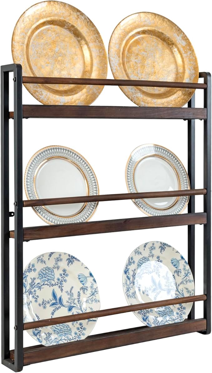 MyGift 3-Tier Wall Mounted Plate Display Rack – Industrial Matte Black Metal & Dark Burnt Wood Storage for 6-10 Inch Plates, Decorative Plate Holder for Kitchen or Dining Room