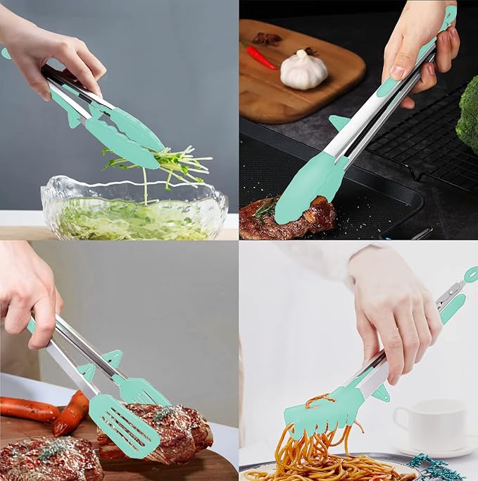 4 Pack Silicone Kitchen Cooking Tongs Set, Stainless Steel Nonstick Food Tong with BPA Free Silicone Tips for Serving Pasta Spaghetti Steak Pie Pizza Salad Vegetable Fruit Grilling BBQ Buffet 9" & 12"