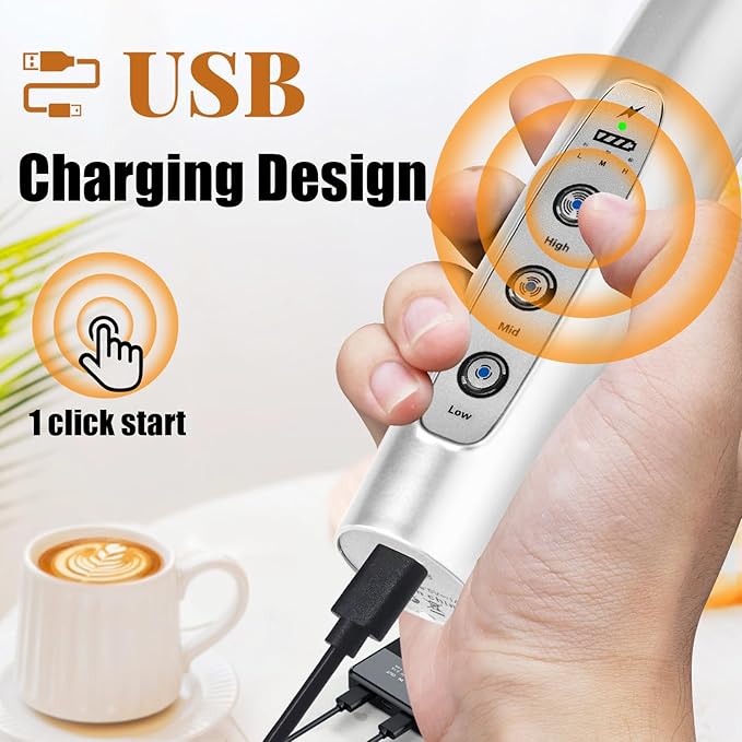 Nahida Silver Milk Frother Wand for Coffee, Frother Handheld Rechargeable Electric Whisk with 3 Heads 3 Speeds Drink Mixer Coffee Frother Foam Maker For Latte, Cappuccino, Hot Chocolate, Egg