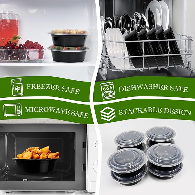 Meal Prep Containers Reusable 32oz - Meal Prep Bowls with Lids 50 Pack, Round Food Prep Bowls for Takeout, Disposable To Go Food Containers, Stackable, Leakproof, BPA-Free, Microwave/Freezer Safe