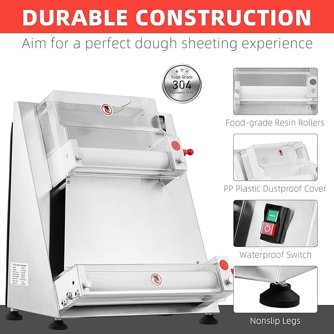 Commercial Pizza Dough Roller Sheeter, Max 16", Towallmark Automatic 370W Electric Pizza Dough Roller, Stainless Steel, Suitable for Noodle, Pizza Bread and Pasta Maker Equipment