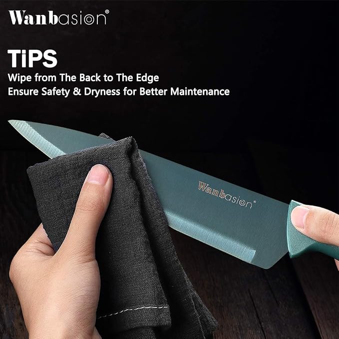 Wanbasion Green Professional Kitchen Knife Set, Stainless Steel, Dishwasher Safe with Sheathes