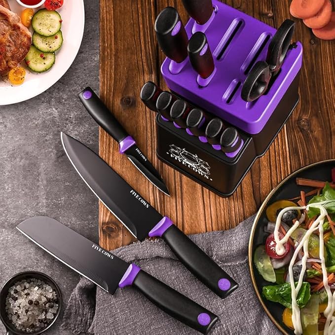 14 Pcs Kitchen Knife Block Set with Sharpener German High Carbon Stainless Steel Chef Knives, Razor-Sharp & Durable, Lightweight Anti-Slip Handle, Professional Set for Home & Kitchen (Purple)