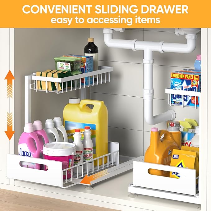 Saydear Under Sink Organizer Storage 2-Tier Premium Metal Pull-Out Kitchen Cabinet Organizer with Sliding Drawer, Height Adjustable, Heavy Duty for Kitchen & Bathroom Organizers 1 Pack White
