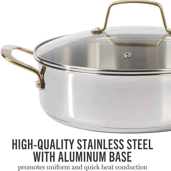 Martha Stewart Castelle 10 Piece 18/8 Durable Stainless Steel Induction Safe Pots and Pans Non-Toxic Kitchen Cookware Set - Gold Handles - Dishwasher Safe