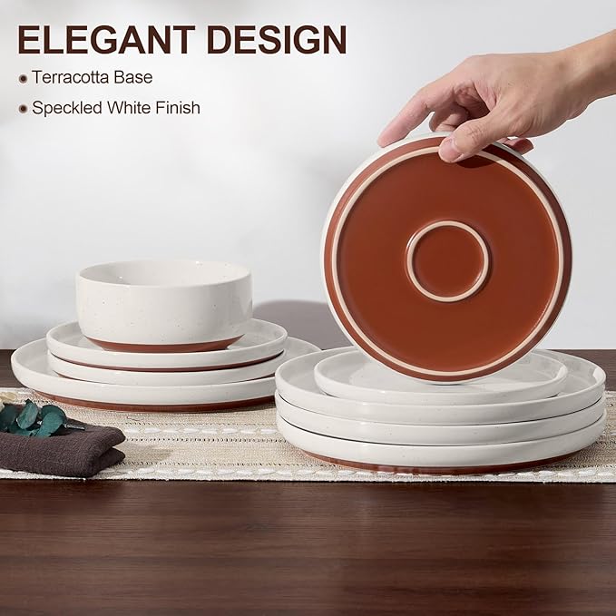 E-far 18-Piece Stoneware Dinnerware Sets, Plates and Bowls Sets for 6, Ceramic Dishware Dishes Set with Terracotta Base, Chip & Scratch Resistant, Microwave & Dishwasher Safe, Speckled White