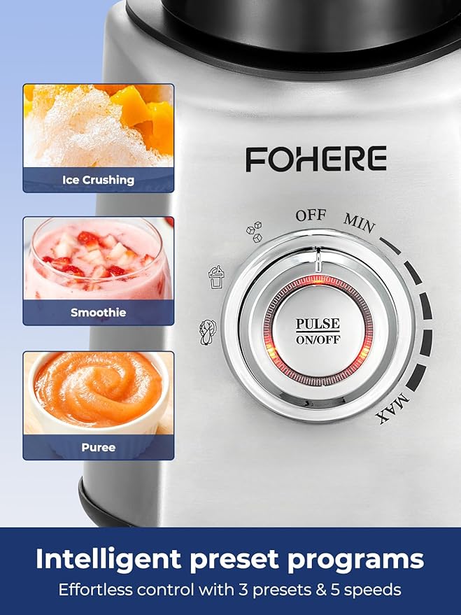 FOHERE Professional Blender Peak 1300W, Countertop Blender with 3 Presets＆ 5 Speeds for Smoothies, Shakes, and Frozen Drinks, 50 Oz Glass Jar ＆20 Oz Tritan Jug