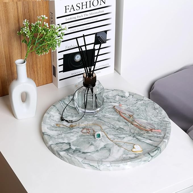 Natural Round Marble Tray, 11.7in Decorative Vanity Catchall Countertop Organizer for Jewelry Perfume Candles, Multi-Purpose Decorative Serving Tray - Light Green Verda Antique