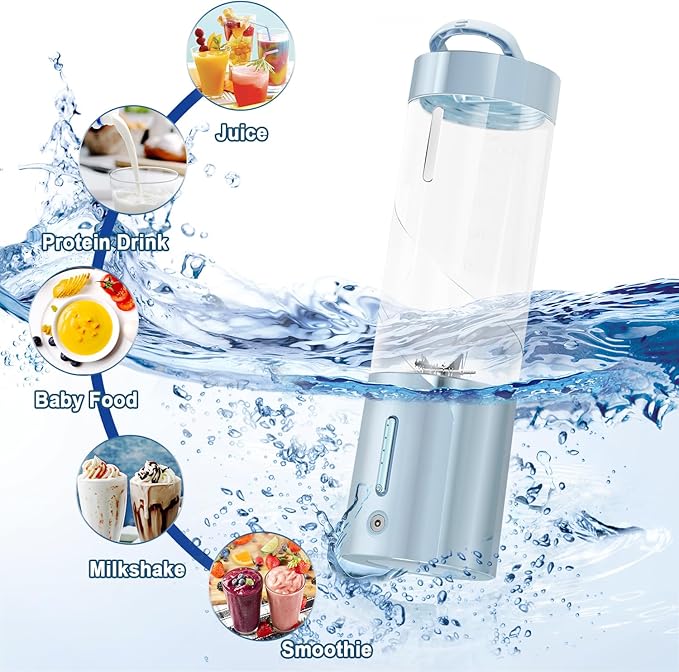 Portable Personal Blender for Fresh Juice, Shakes and Smoothies - 16 Oz Mini Small Blender Bottle Cup with 6 Blades, USB Rechargeable, BPA Free for Kitchen, Travel, Office, Gym