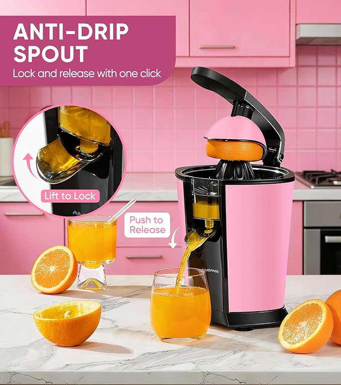 Electric Orange Juicer, Citrus Juicer Squeezer with 2 Cones and Soft Grip Handle for Effortless Juicing, Stainless Steel Quiet Orange Juice Extractor Machines for Lime Grapefruit Lemon, Pink