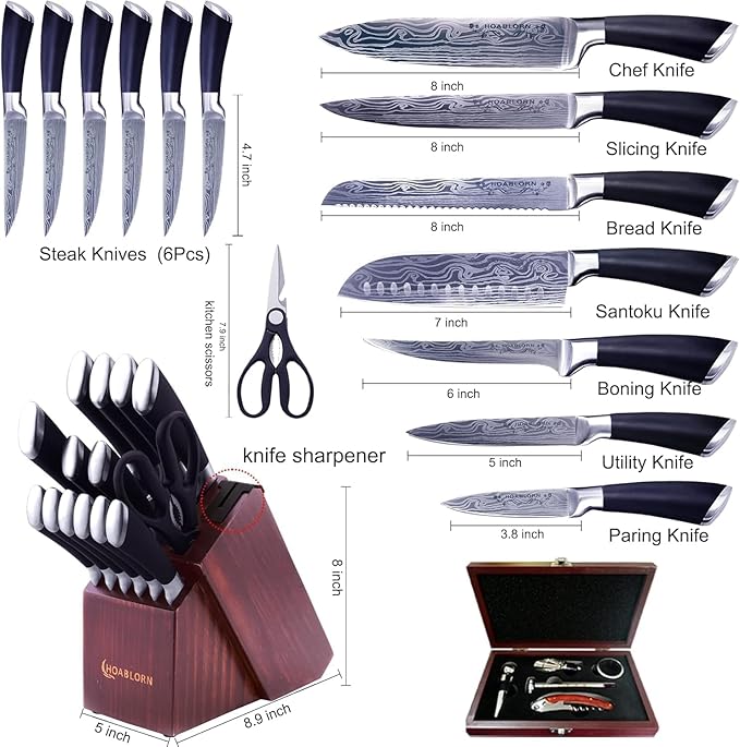 Japanese Knife Block Set 15PCS with Bulid-in Sharper in Knife Block and 6 Steak Knives Professional Self Sharpening Knives Set Damasucs Style German Stainless Steel Best Housewarming&Wedding Gift