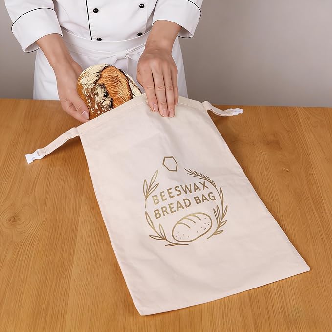 2 Pack XL Reusable Beeswax Bread Bags for Sourdough Baking, Organic Waxed Lined, Cotton Bread Bags for Homemade Bread, Food-Storage Bag to Keep Fresh