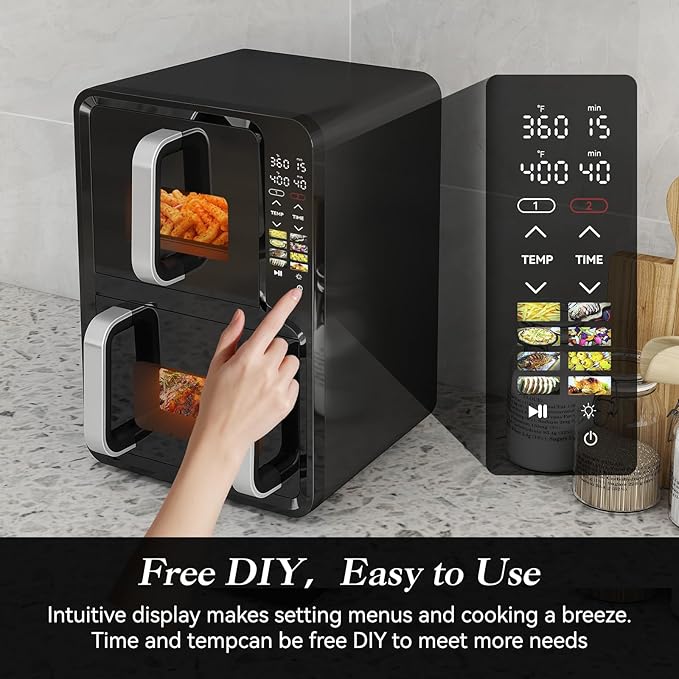12QT Dual Basket Air Fryer, Vertical Double Stack XL 2-Basket, Feeds Up to 10 People, 8-in-1 Presets with Digital Touchscreen to Free DIY, Compact Design, Easy to Clean, Black