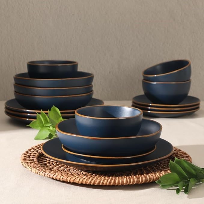 Gibson Home Hazeltine 16-Piece Navy Blue Stoneware Dinnerware Set – Plates and Bowls, Durable Ceramic Kitchen Dinner Set