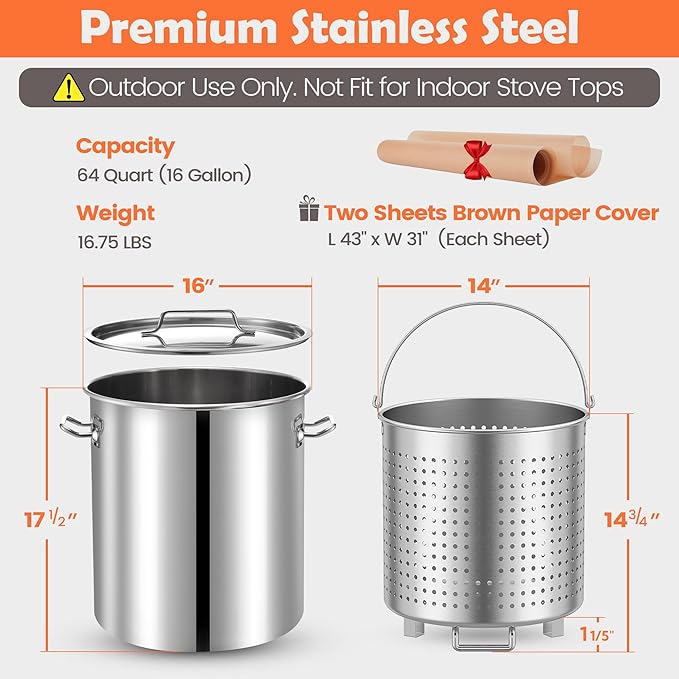 ARC 64-Quart Stainless Steel Seafood Boil Pot with Basket and Two Brown Paper, Crawfish, Crab, Lobster, Shrimp Boil Stock Pot with Strainer, Turkey Fryer, 16 Gallon