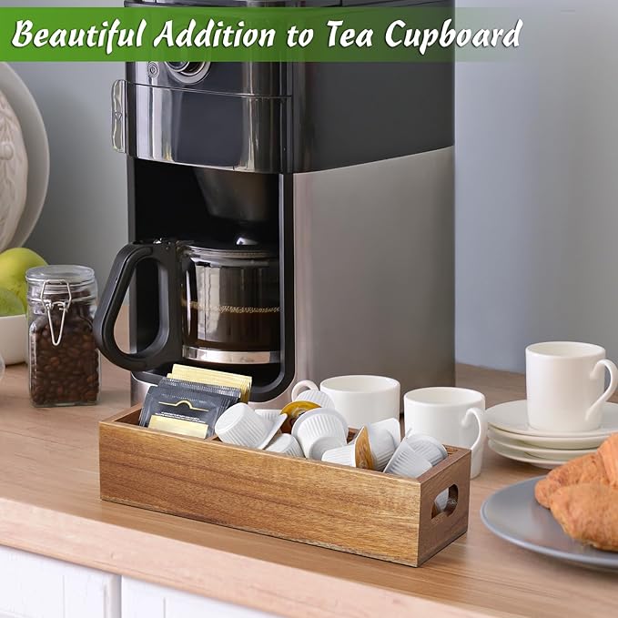 DRASTAR Tea Bag Organizer, Acacia Tea Bag Holder, Tea Storage Containers with 3 Slots, Wooden Tea Storage Accessories, Mini Tea Bag Caddy Box for Countertop