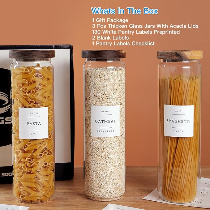 CZZGSM 3 Set Glass Pantry Storage Jars with Acacia Airtight Lid - 50oz Thicken Glass Kitchen Canisters with 132 Pantry Labels - Tall Food Storage Containers with Wood Lid for Pasta,Spaghetti,Cereal