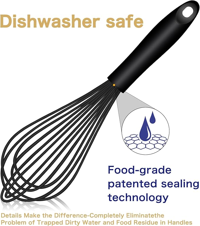 Dishwasher Safe Silicone Whisk, Sealed Waterproof Design Set of 3, Professional Kitchen Whisks for Cooking Non-Scratch, Silicone & Stainless Steel Whisk, Heat Resistant Balloon Egg Beater, Black