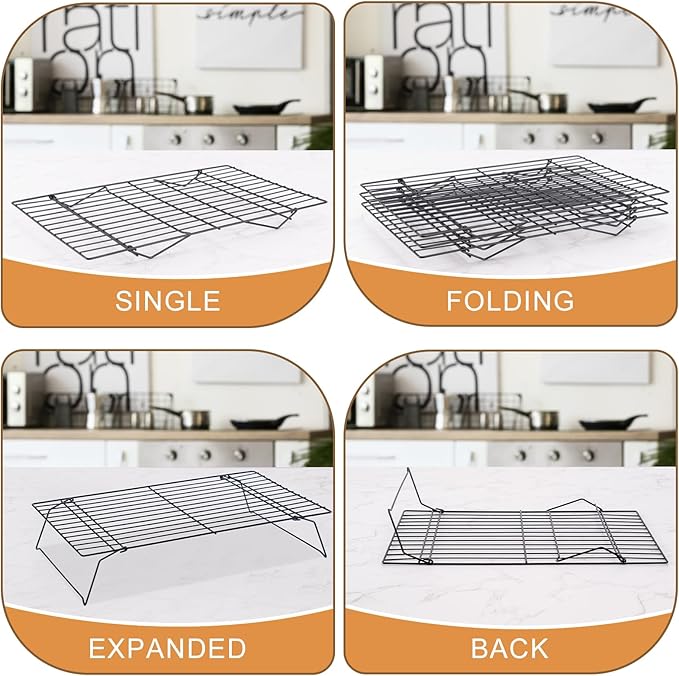 Cooling Rack for Baking 3 Tiers, 16" x 10" Cookie Cooling Wire Rack Stackable Collapsible Nonstick, Stainless Steel Baking Cooking Cooling Racks with Optimum Air Flow, Black