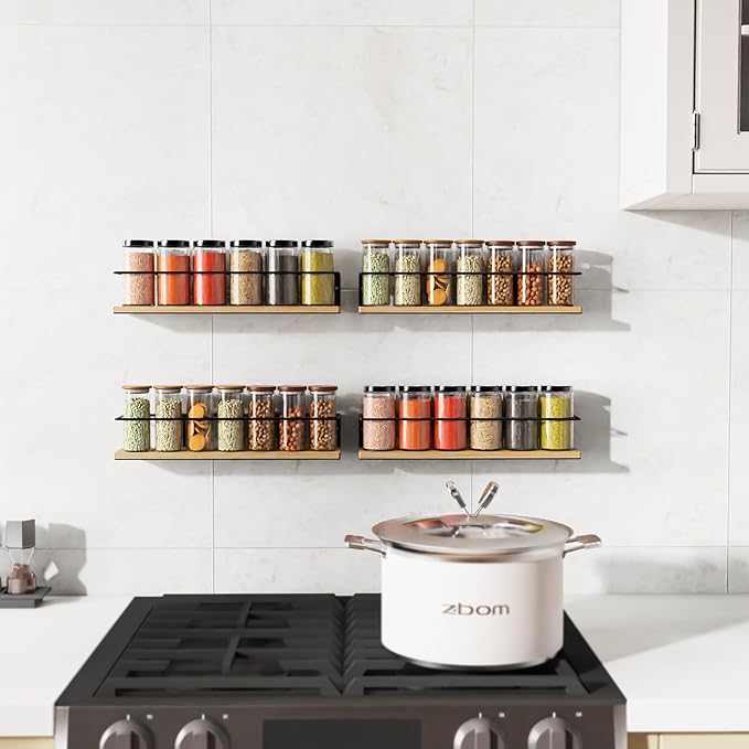 Spice Rack, Self-Adhesive or drilling, Rustic Style Hanging Spice Rack, Spice Organization for Cabinet Door or Wall Mount, Over The Stove, Kitchen Wall, 4-Pack, Wood Color