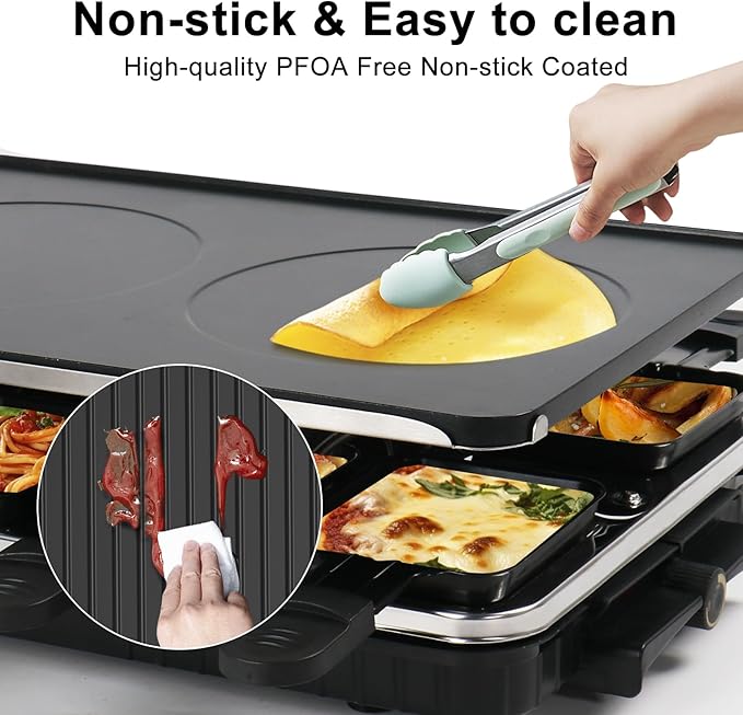 Raclette Table Grill, Indoor Grill Korean BBQ Grill Electric Griddle, 2 in 1 Electric Griddle Nonstick with 8 Raclette Cheese Pans Adjustable Temperature Control 1300W Ideal for Family Party Fun