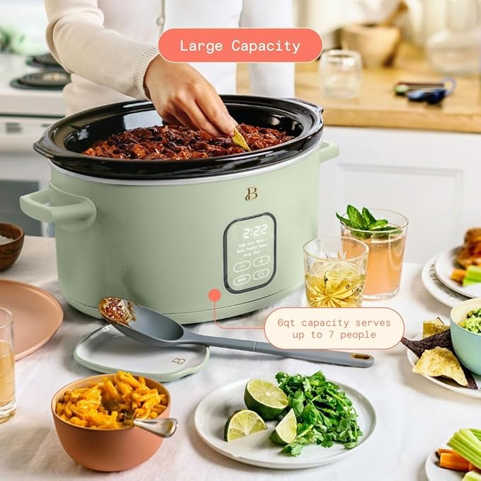 Beautiful 6 Qt Programmable Slow Cooker by Drew Barrymore -5 Preset Cooking Functions, Digital Countdown Timer, Dishwasher-Safe Parts and Cool-Touch Handles (Sage Green)