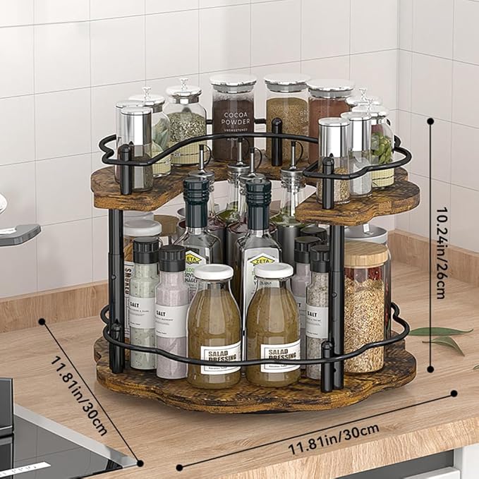 12" Wood Lazy Susan Rotating Spice Rack Spice Turntable Organizer for Kitchen Countertop Pantry and Cabinet Cupboard (A Style, 2 Tier)