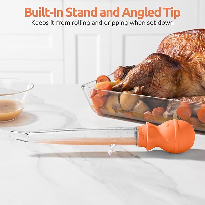 U-Taste 18/8 Stainless Steel Measuring Cups and Spoons Set of 10 Piece, Upgraded Thickness Handle and 1.5oz Heat Resistant Angled Turkey Baster with Cleaning Brush for Cooking Basting (Orange)