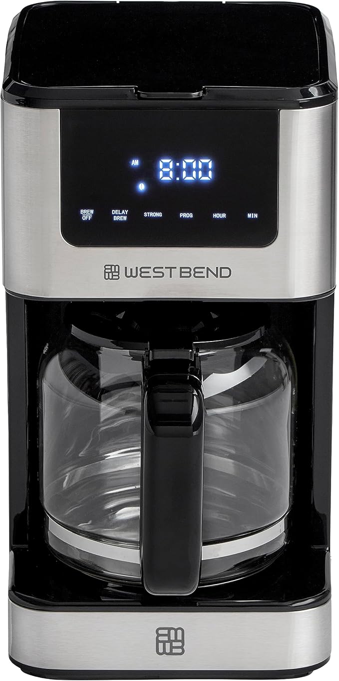 West Bend Drip Coffee Maker Brews Hot or Iced, Programmable with Brew Strength Selector Auto Shut-Off and 6 Functions Permanent Mesh Filter and Glass Carafe, 12-Cup, Metallic