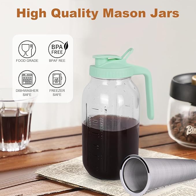 Cold Brew Coffee Maker，64 oz Wide Mouth Mason Jar Pitcher with Stainless Steel Filter, Pour Spout Handle Lid, Heavy Duty Glass Airtight & Leak-Proof for Iced Coffee Tea & Lemonade-Green