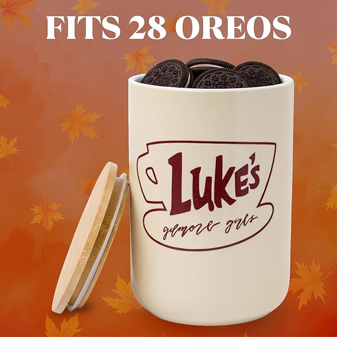 Silver Buffalo Gilmore Girls Wax Resist Ceramic Cookie Jar with Bamboo Lid Featuring Luke’s Cafe Logo, 5” x 5” x 6.5”