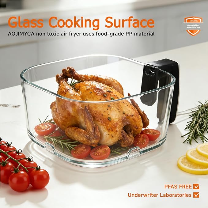 Glass Air Fryer, Portable Air Fryer with 6.0QT Glass Container, Adjustable Temp & Time, Overheat & Power-Off Protection, 8-in-1 Non Toxic AirFryer for Quick Easy Meals
