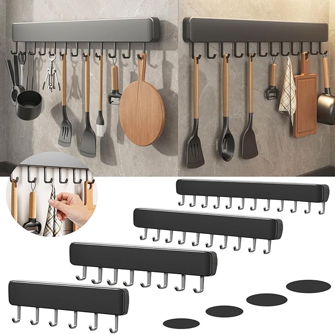 Generic Kitchen Utensil Hanger Wall Mounted Hooks, No Drilling Removable and Adjustable Hooks Kitchen Rail with 8 Hooks for Hanging Cooking Utensils, Mugs, Spoons (6 Hooks), Black