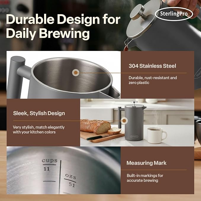 SterlingPro Stainless Steel French Press Coffee Maker 1.5 L (51 oz) Grey – Double Walled Insulated Large Coffee Press, Durable Design Keeps Drinks Hot, Easy to Use and Clean for Rich Flavor Brewing