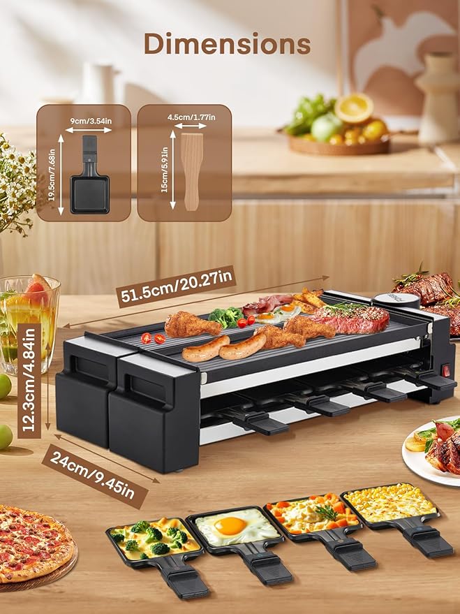 FOHERE Raclette Grill, 2-in-1 Rotatable Electric Indoor Raclette Table Grill, 1400W Raclette Machine for 8 with Reversible Non-Stick Plates, Includes 8 Cheese Pans for Family and Parties Fun