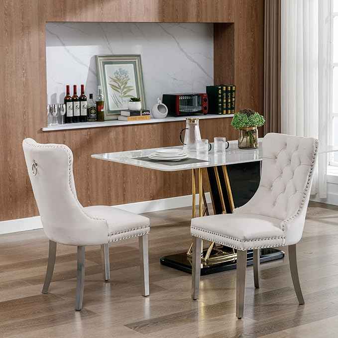 Velvet Dining Chairs Set of 2, Upholstered Dining Room Chairs with Back Ring Pull Trim and Sliver Stainless Steel Legs,Tufted Wingback Chair Perfect for Dining Room,Living Room,Kitchen(Beige)