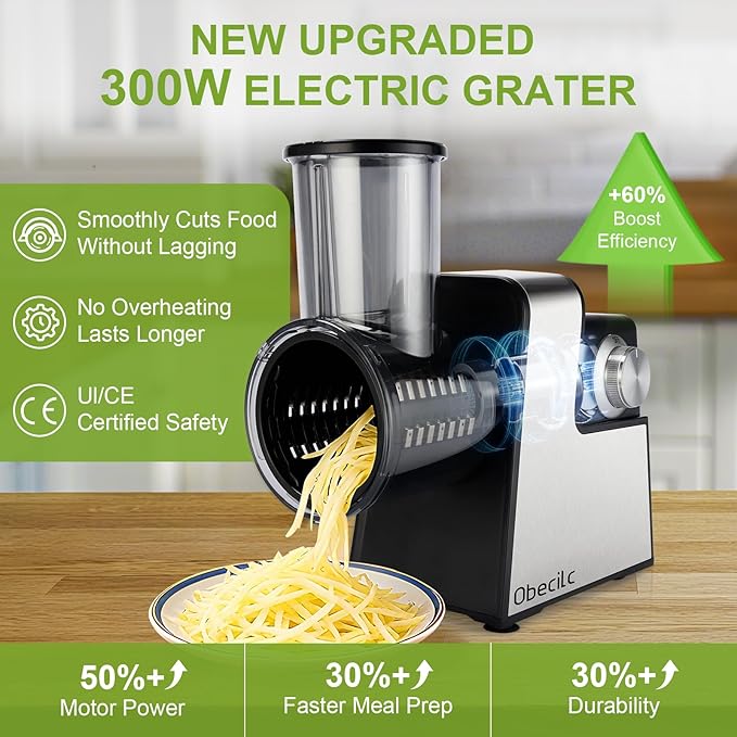 Upgraded 300W Electric Cheese Grater with 7 Stainless Steel Blades, Cheese Shredder Electric for Slicing, Shredding & Grinding Vegetables, Fruits and Nuts,Easy One-Touch Control