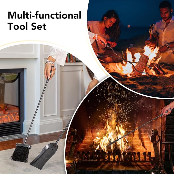 nalone 5 Pieces Fireplace Tools Set, Wrought Iron with Silver Pattern Fireplace Accessories Set with Poker, Tong, Shovel, Brush, Fire Place Tools Indoor Outdoor (Grey)
