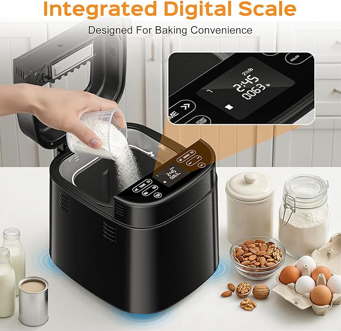 2.5LB Bread Maker with Built-in Electronic Scale, 25-in-1 Bread Machine, Beginner-Friendly with Adjustable Baking & Fermentation, Non-Stick Easy-Clean Pan, Quiet, 15H Delay, Recipes, Black