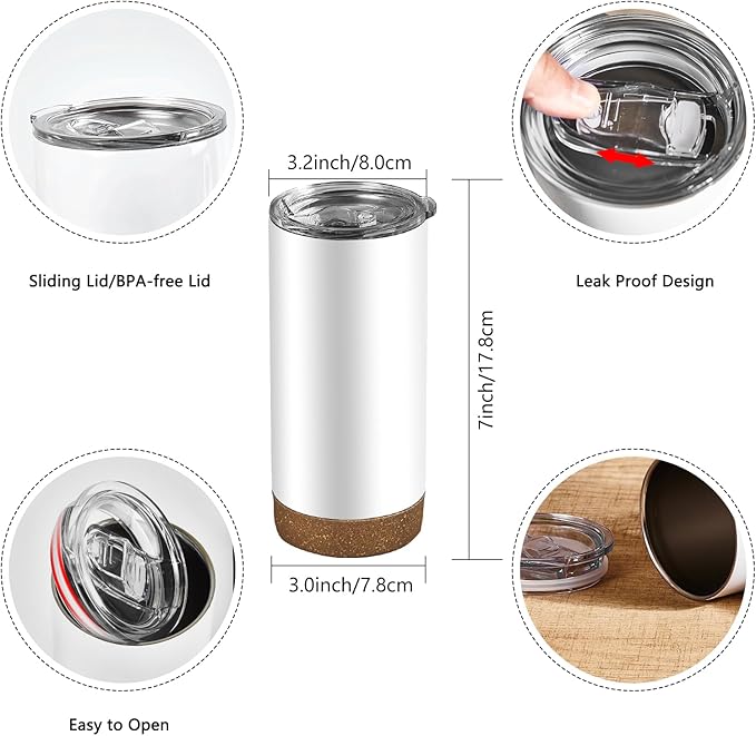 12 Pack 17 oz Insulated Sublimation Tumbler Bulk, Stainless Steel Double Wall Cups with Cork Silicone Base & Lid & Metal Straw, White