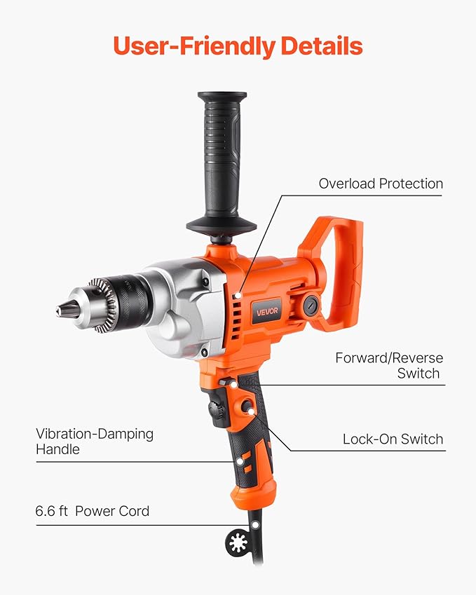 VEVOR Drill Mixer, 5/8 inch Corded Electric Drill Mixer Set, 0-850RPM 5.8A Mixing Drills, Mixing Drills Machine with D-Handle for Drilling & Blending, Handheld Cement Mixers for Fodder, Paint, Cement