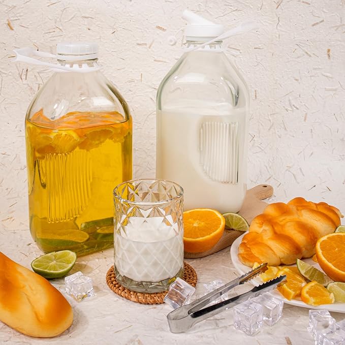 64 Oz Glass Milk Bottles with Nut Milk Bag & Pour Spout & Airtight Lids & Brush- 1/2 Gallon Heavy Duty Jug Pitcher Large Reusable Container for Milk, Juice, Water, Coffee for Refrigerator 1 Pack