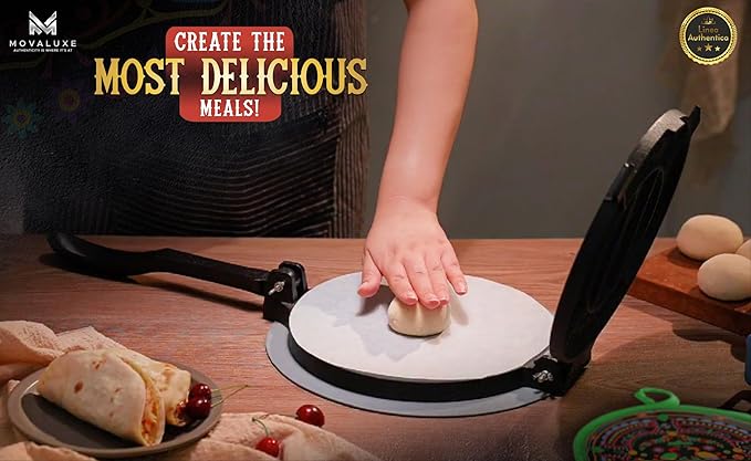 Movaluxe® Tortilla Press 8 Inch Cast Iron LARGE – Corn & Flour Roti Maker Machine Heavy Duty Tortillera Presser. With Parchment Paper, Warmer Pouch, Taco Holders, Rubber Mat & Digital Culinary Guide