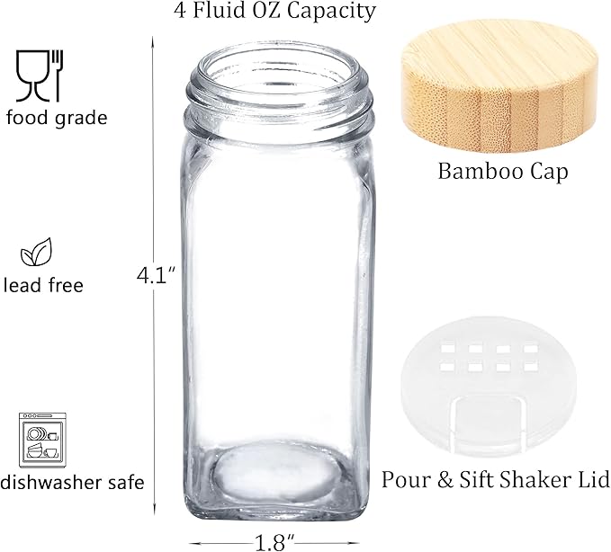 SWOMMOLY 48 Glass Spice Jars with 806 White Spice Labels, Square Spice Bottles 4 oz Empty Spice Containers with Bamboo Lids, Chalk Marker and Funnel Complete Set.